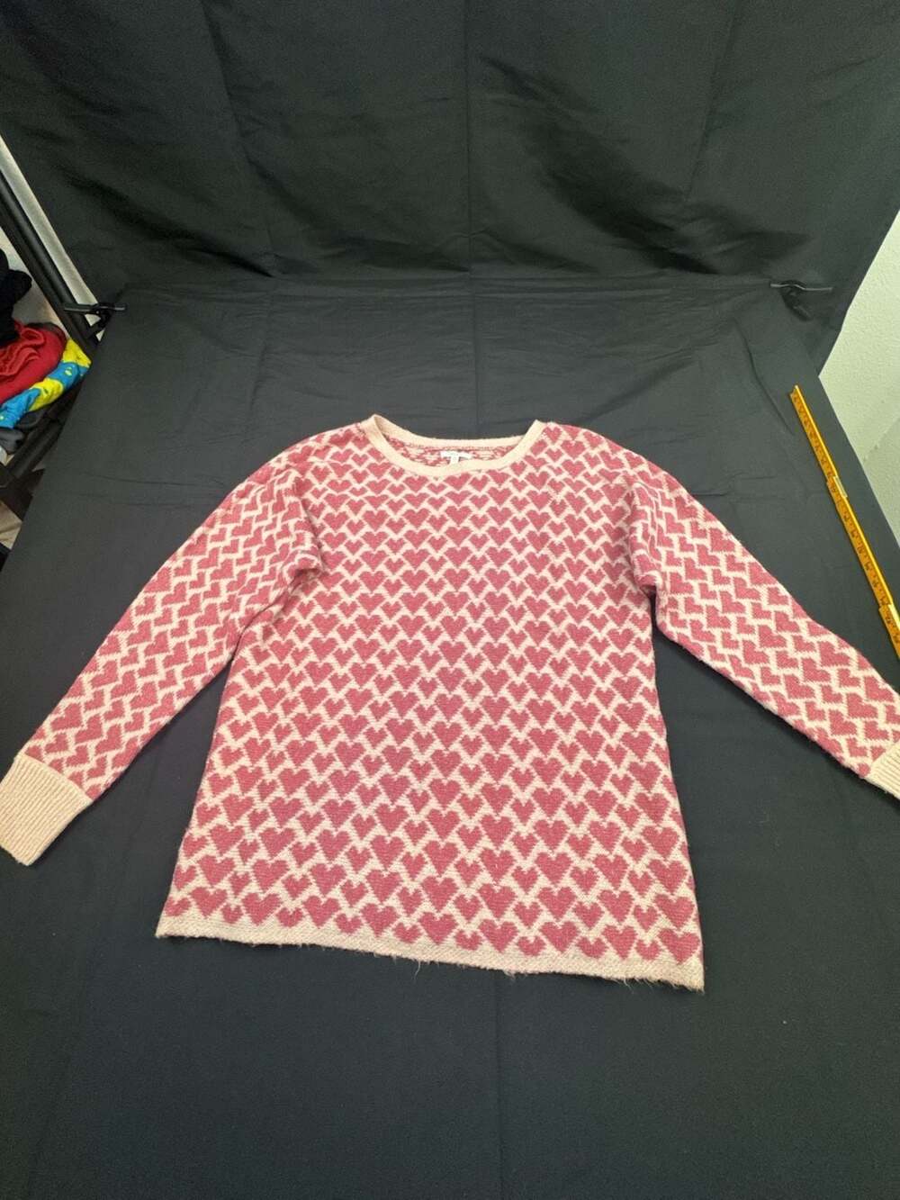Maurices Pink and White Heart Print Long Sleeve Crew Neck Pullover Knit Sweater